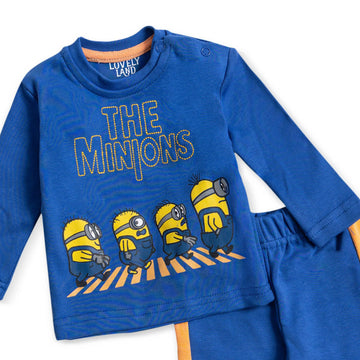 blue shirt and pants with minion print on shirt pyjama