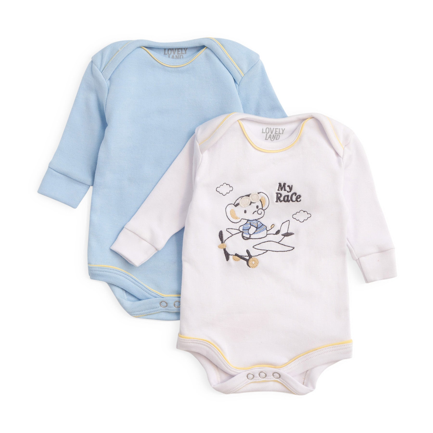 pack of 2 white romper with elephant embroidery and baby blue romper