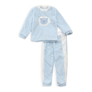 set of baby blue pyjama shirt with liond face embroidery and baby blue pyjama pants