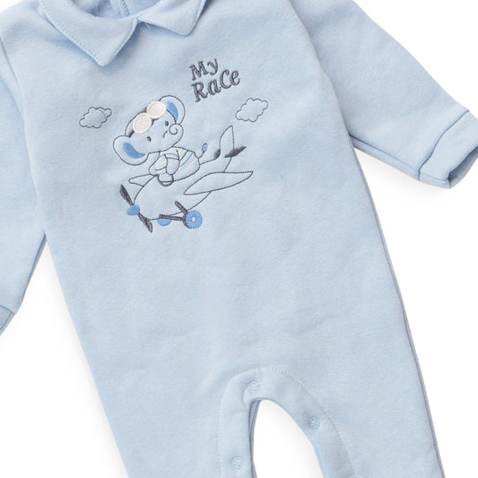baby blue salopette with elephant embroidery