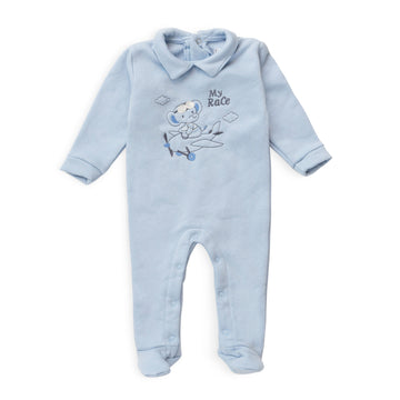 baby blue salopette with elephant embroidery