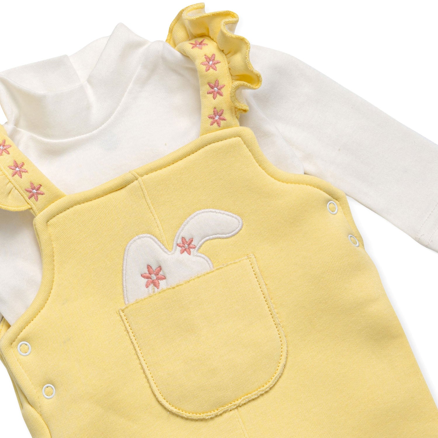 a set of yellow sleeveless salopette with bunny embroidery and a white romper