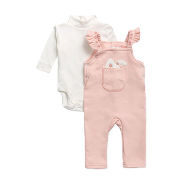 a set of pink sleeveless salopette with bunny embroidery and a white romper