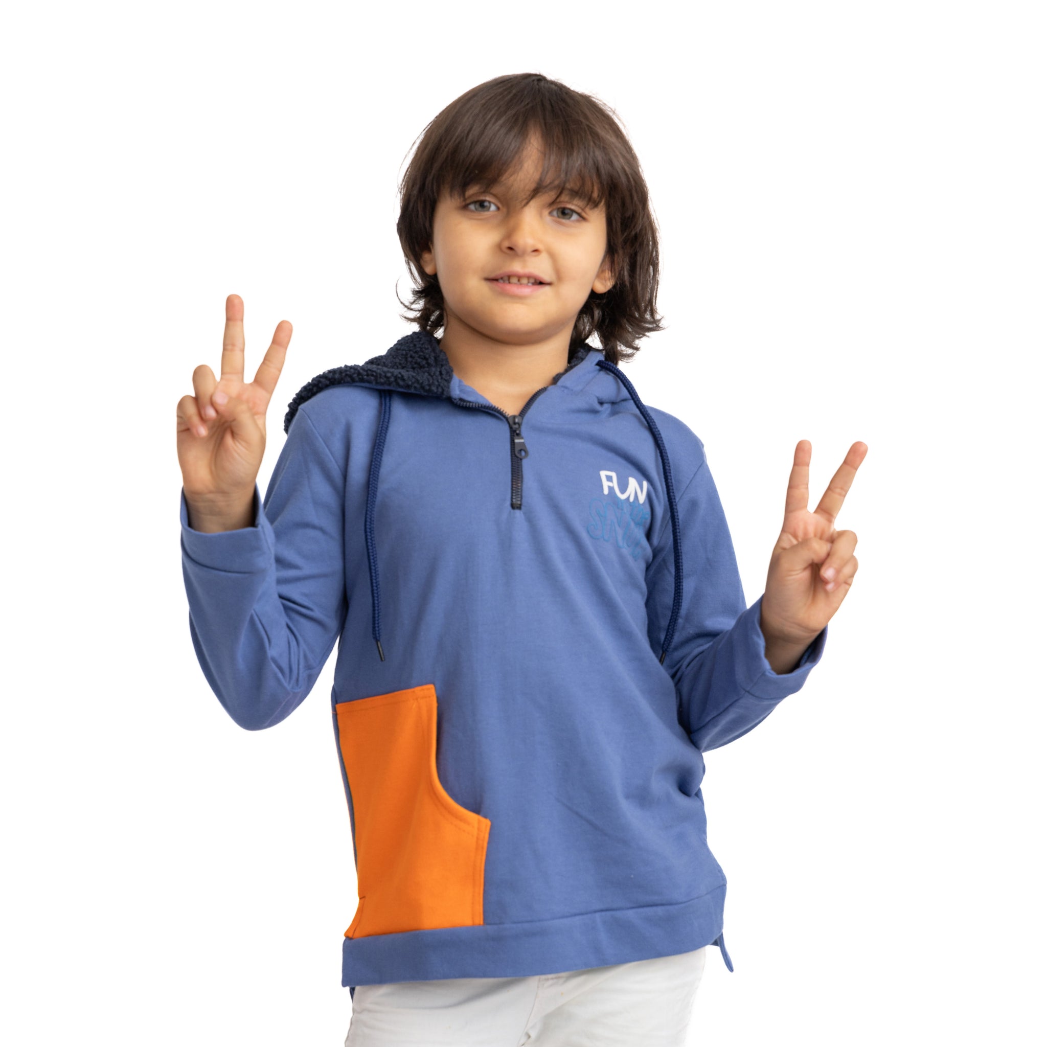 blue and orange hoodied sweatshirt with embroidery