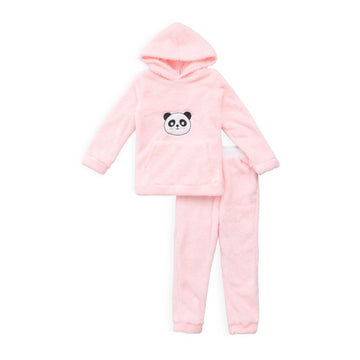 set of pink hoodied pyjama shirt with panda design on chest and pink pants