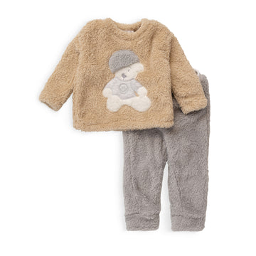 set of brown pyjama shirt with bear embroidery and grey pants