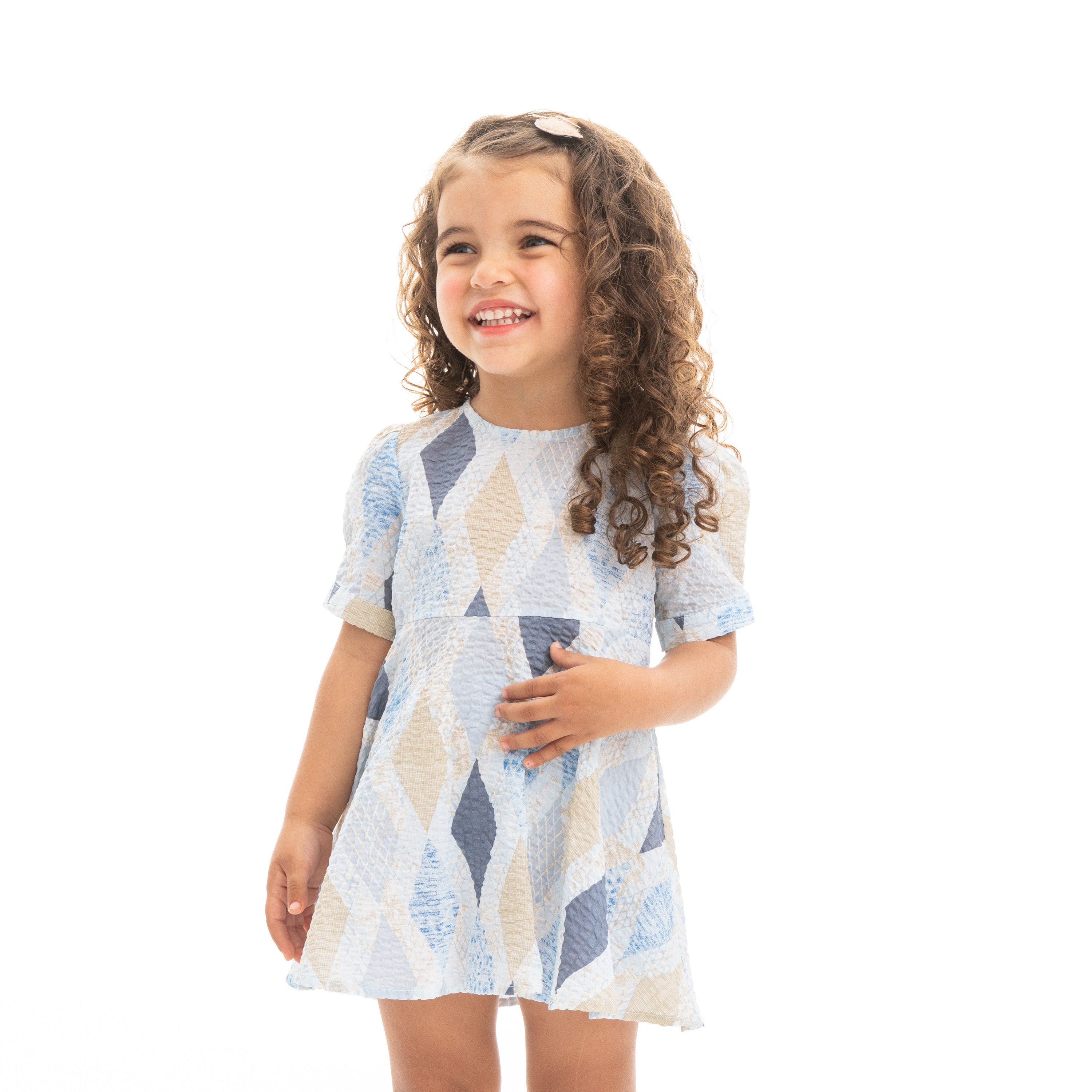 Light Blue Green Half Sleeve Dress with Decorative Print