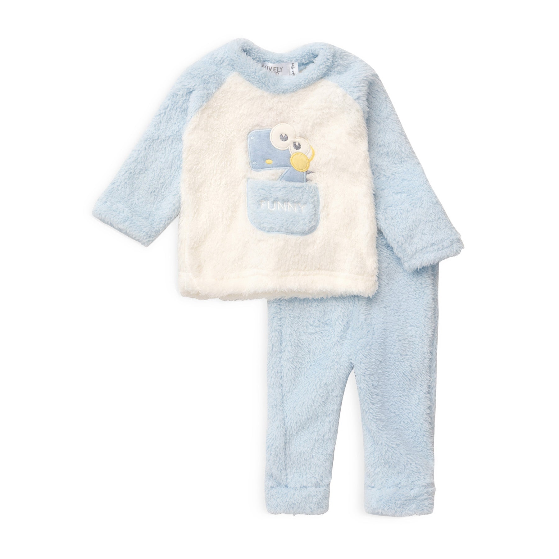 set of white and baby blue pyjama shirt with dinasor chest embroidery and baby blue pyjama pants