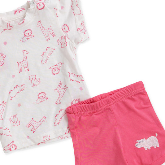 cream and fushya shirt and short with print pyjama set