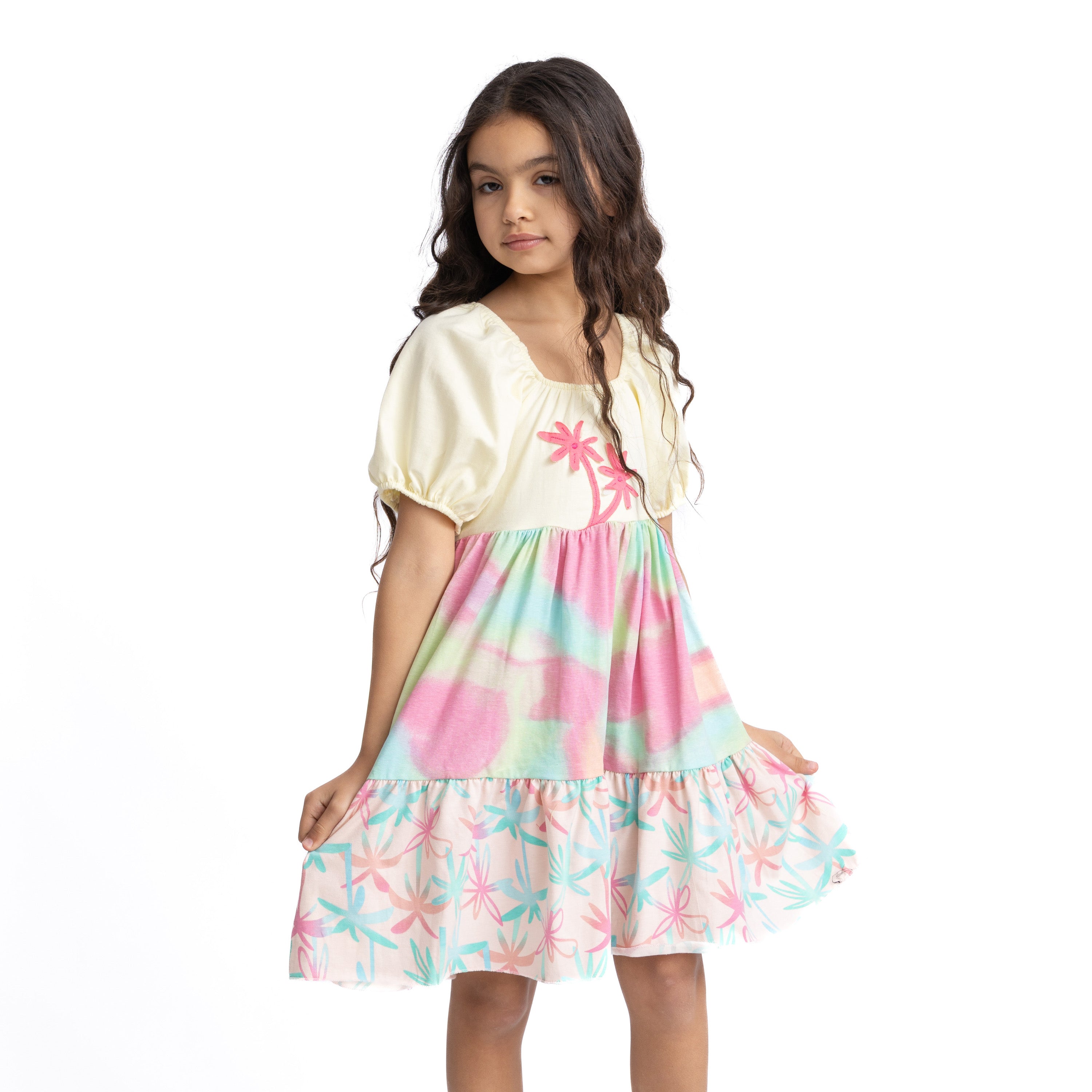 All Over Print Dress with Palm Tree Stitching