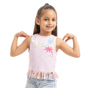 pink sleeveless top with palm trees print
