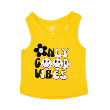 yellow sleeveless top with only good vibes print