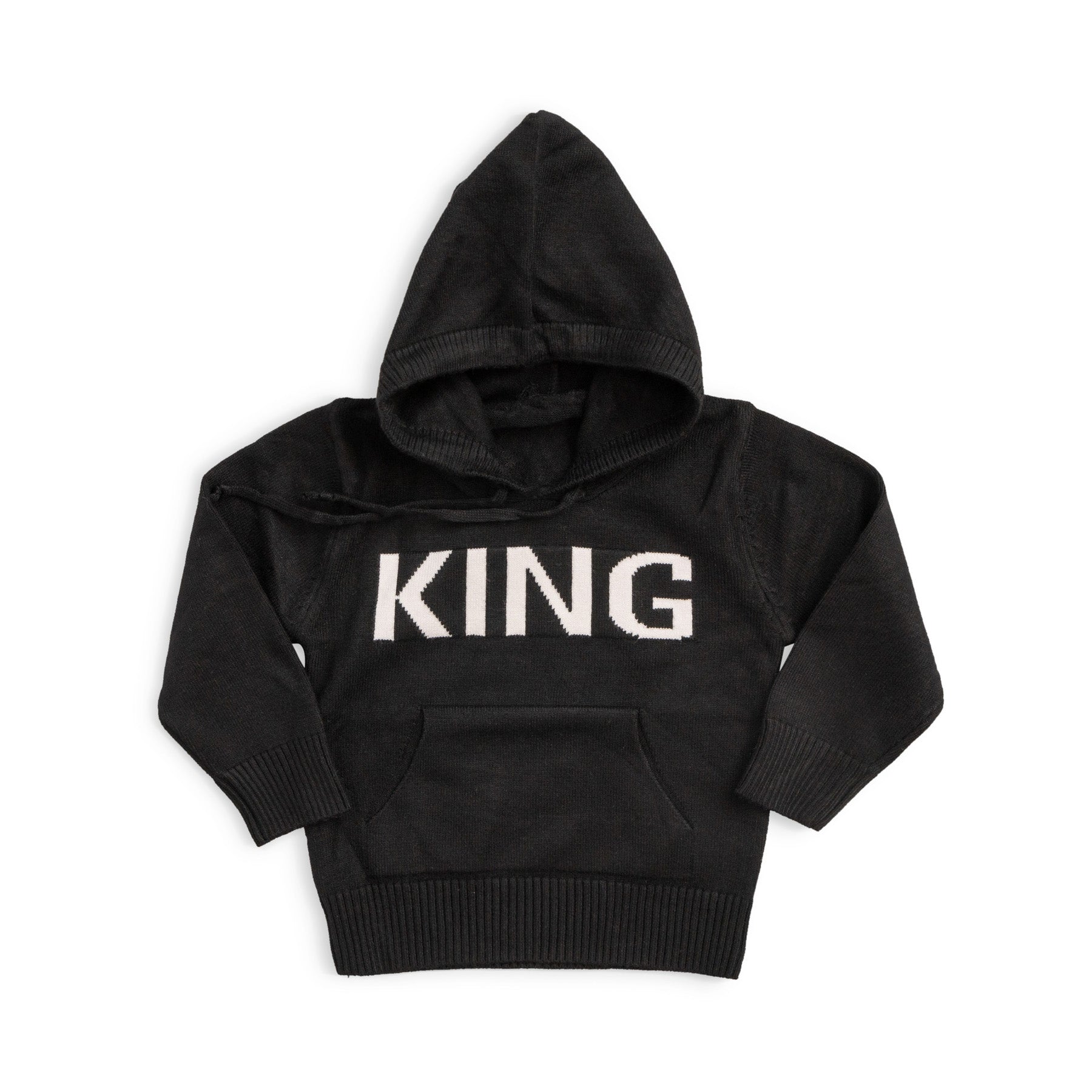 black hoodied sweat shirt with kangaroo pocket and king print