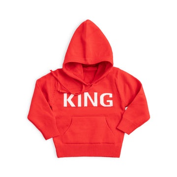 red hoodied sweat shirt with king print