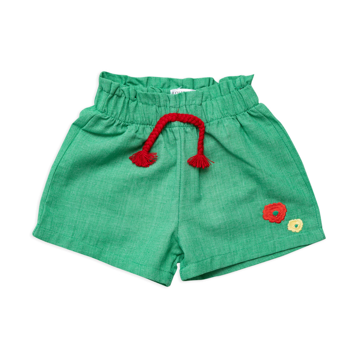 Green Short with Elastic Waist and Flower Stitching