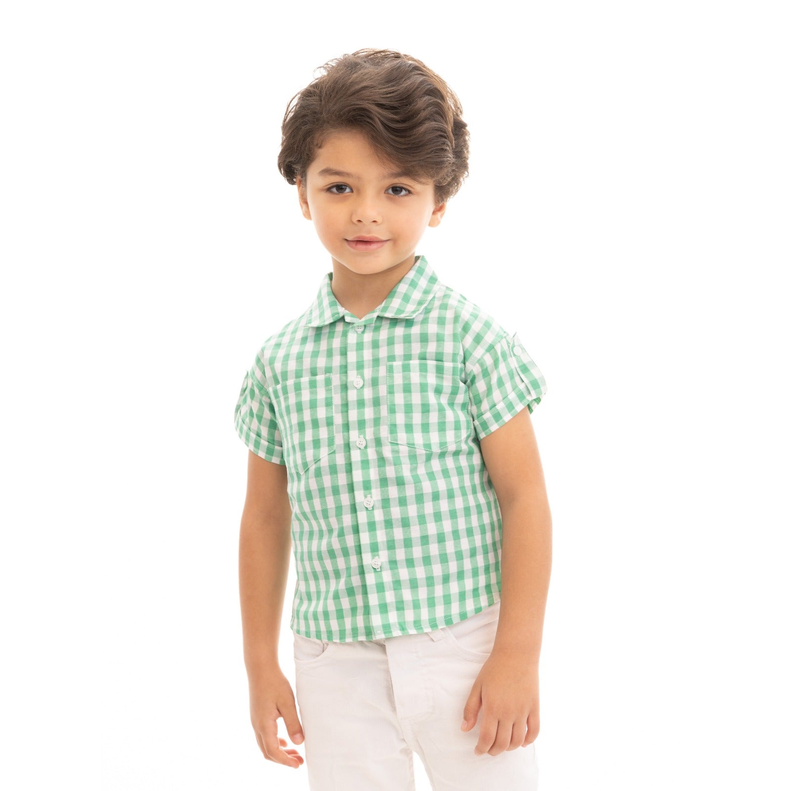 green half sleeve buttoned shirt with a checkered pattern and two pockets