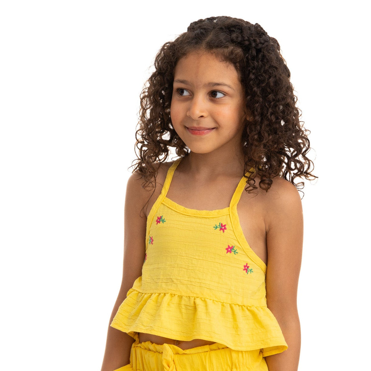 Yellow Sleeveless Shoulder Laced Blouse with Flower Stitching