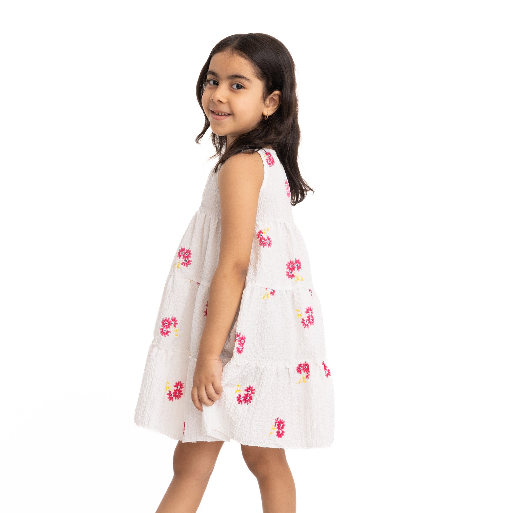White Sleeveless Shoulder Laced Dress with Flower Print