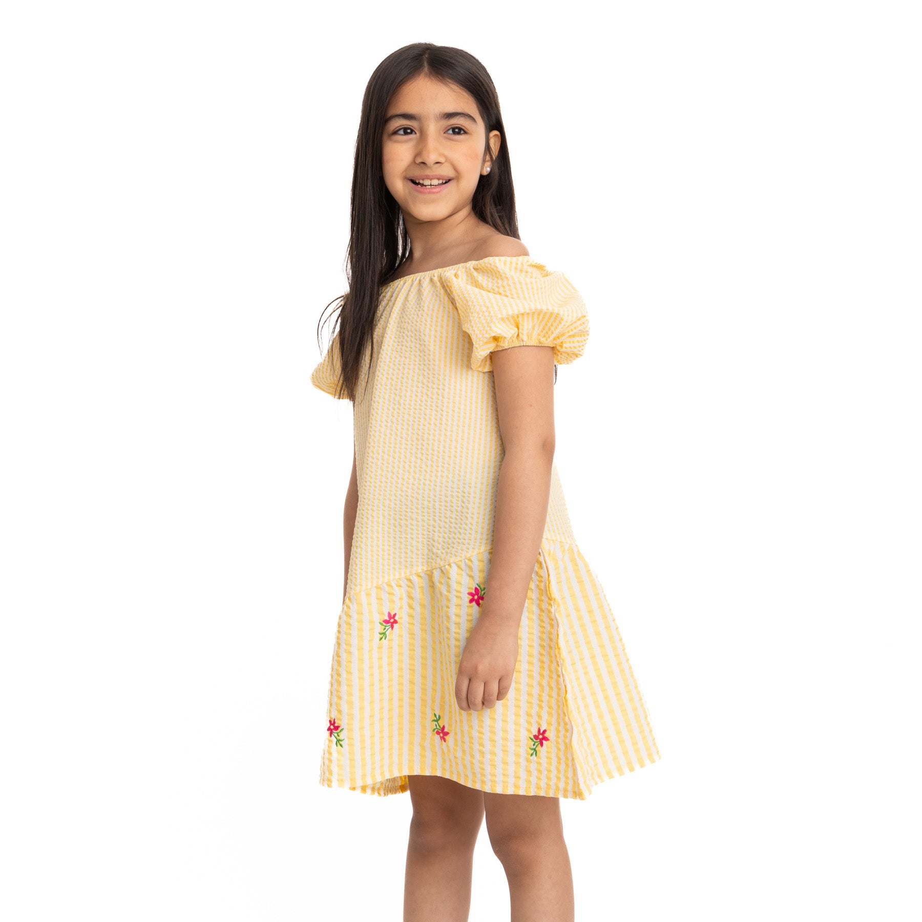 Yellow Off Shoulder Dress with Flower Design
