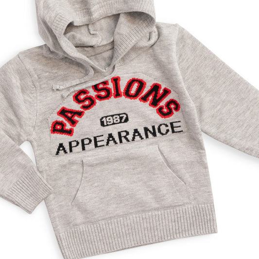 grey hoodied sweatshirt with a kangaroo pocket and passions print