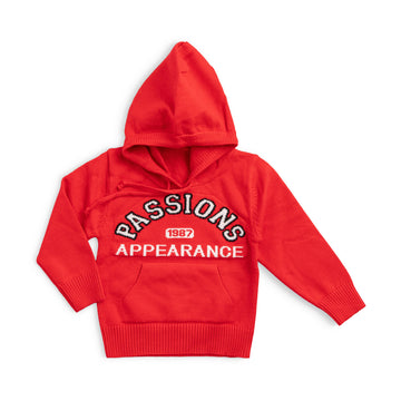 red hoodied sweatshirt with a kangaroo pocket and passions print