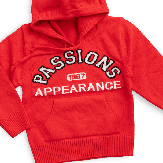 red hoodied sweatshirt with a kangaroo pocket and passions print