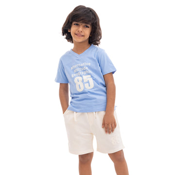 light blue and cream outfit