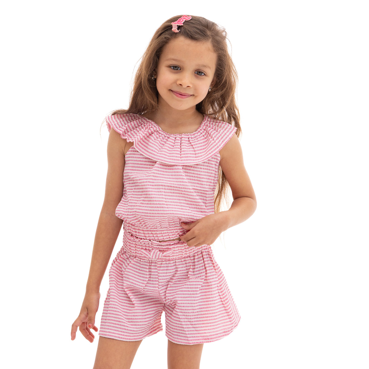 Girls' Pink Stripped Short Sleeve Top and Pink Stripped Short