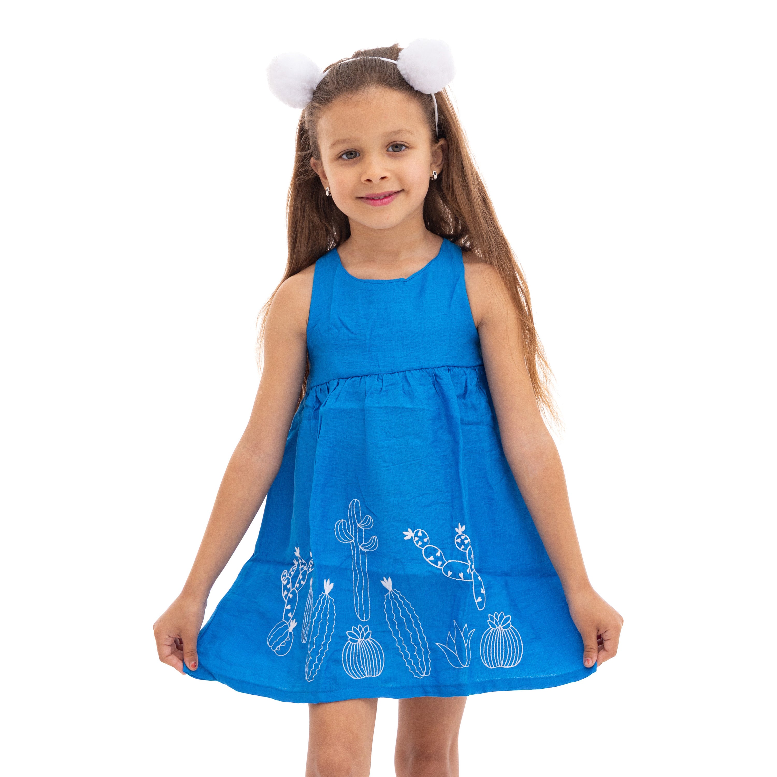 Girls' Blue Sleeveless Dress with Cactus Stitching