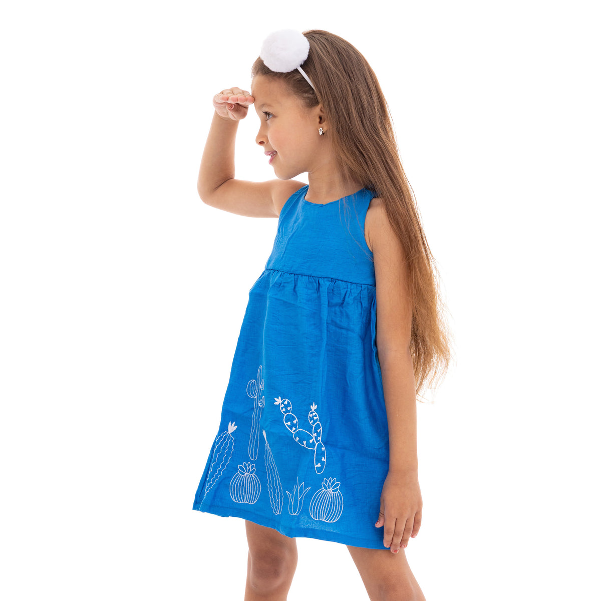 Girls' Blue Sleeveless Dress with Cactus Stitching