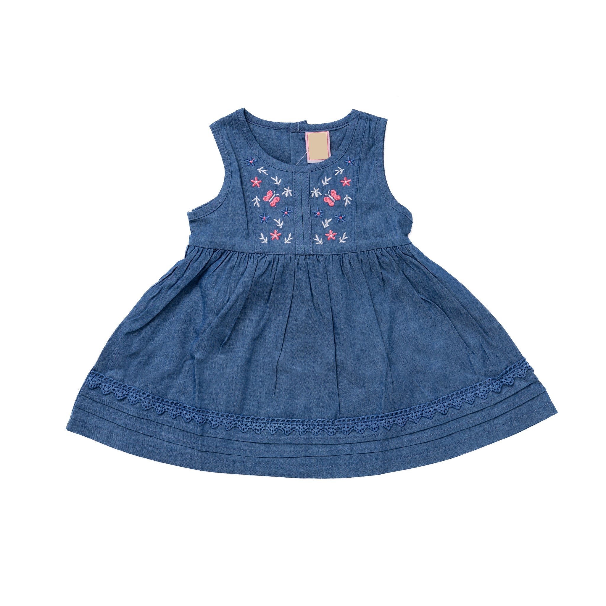blue heans short sleeve dress with flower stitching