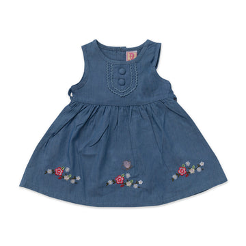 dark blue heans short sleeve dress with flower stitching