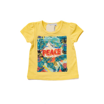 yellow half sleeve top with peace print