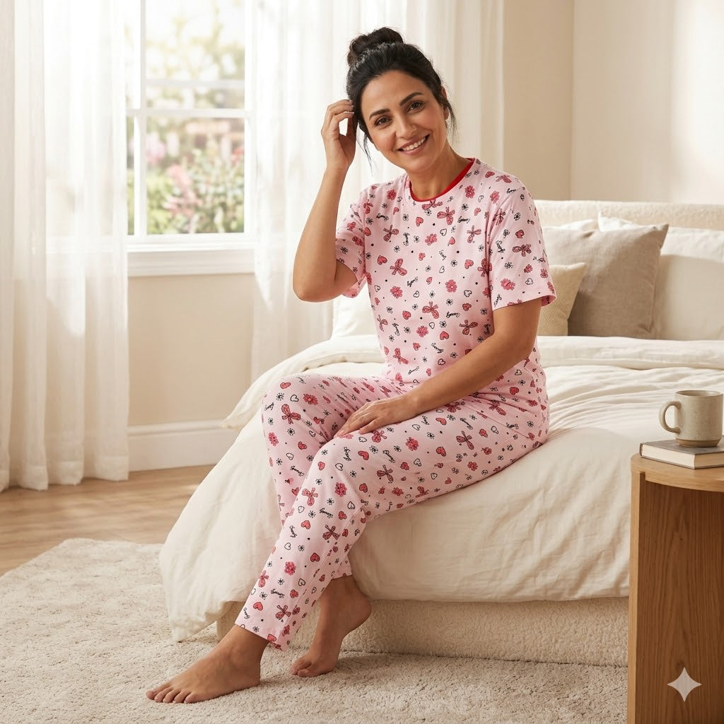 Women's Pink Printed Pajama Set (2)