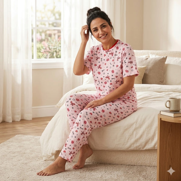 Women's Pink Printed Pajama Set (2)
