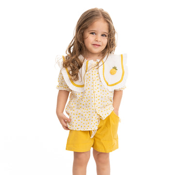 set of half sleeve blouse with all over print and yellow shorts