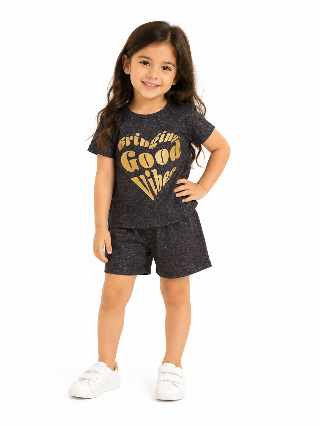 Girl's Black Pajama Short Sleeve Shirt with Chest Print and Black