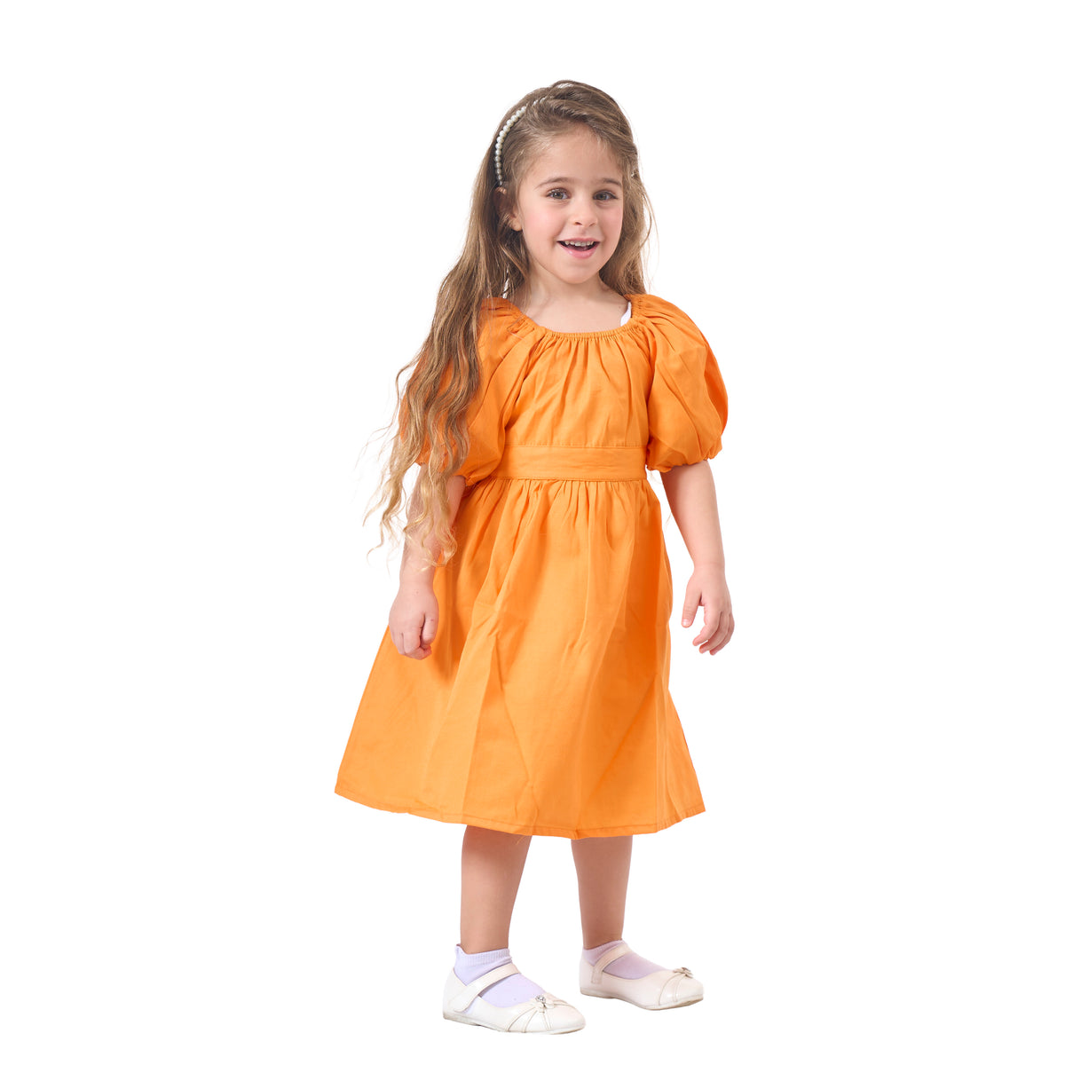 Girls' Orange Puff Sleeve Dress