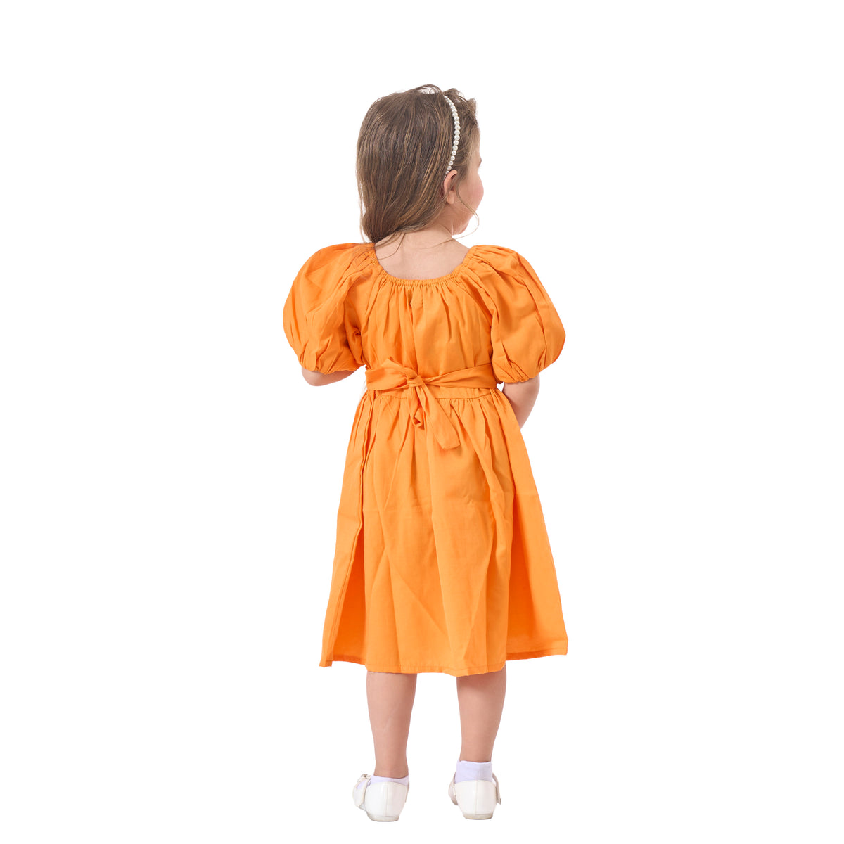 Girls' Orange Puff Sleeve Dress