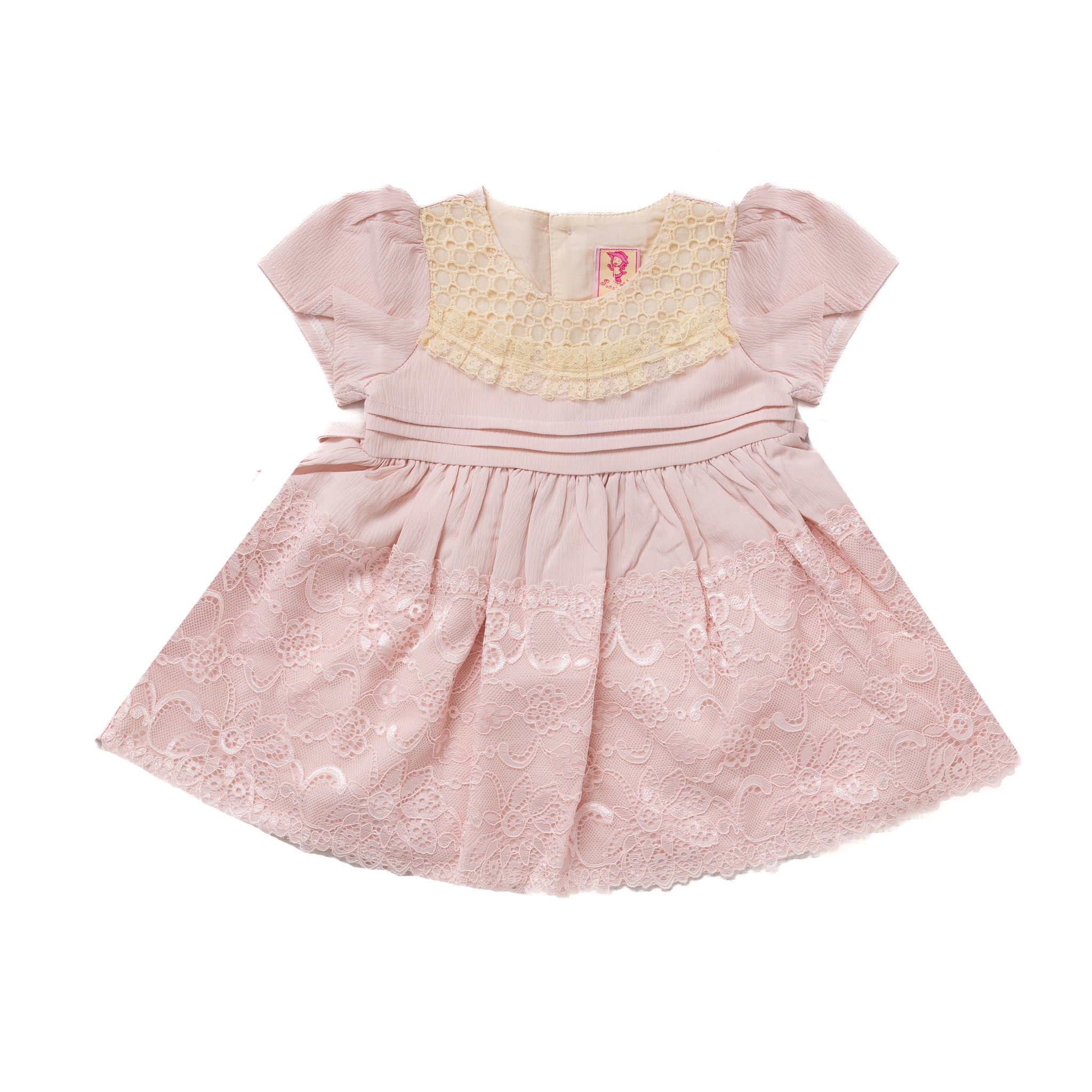 pink half sleeve dress with flower decorations