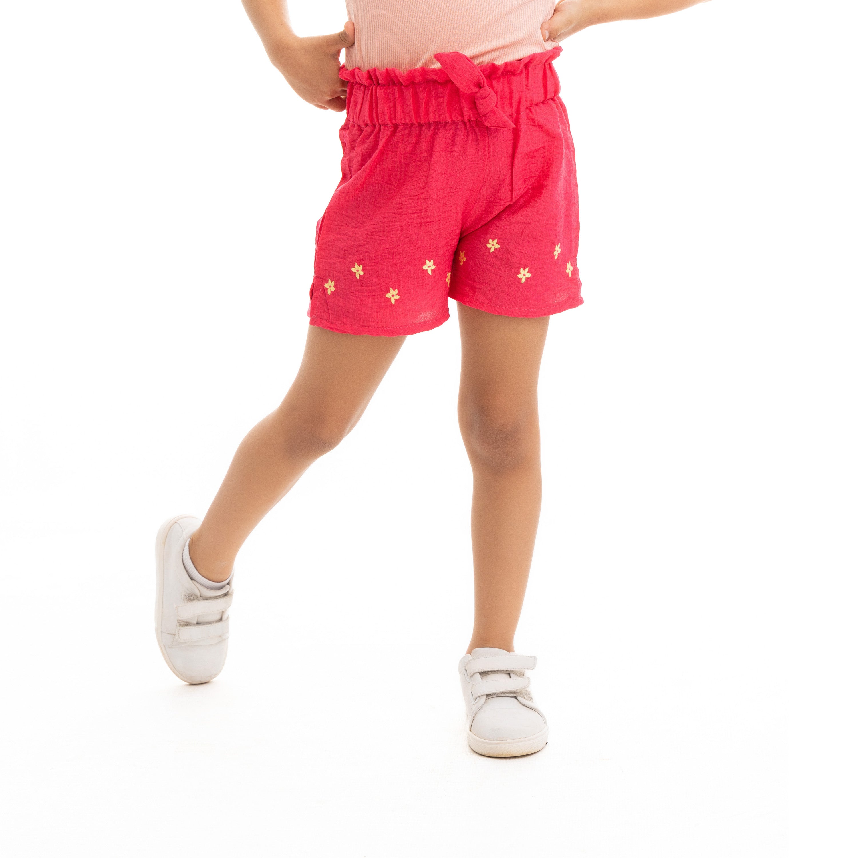 Yellow Short with Elastic Waist and Flower Stitching