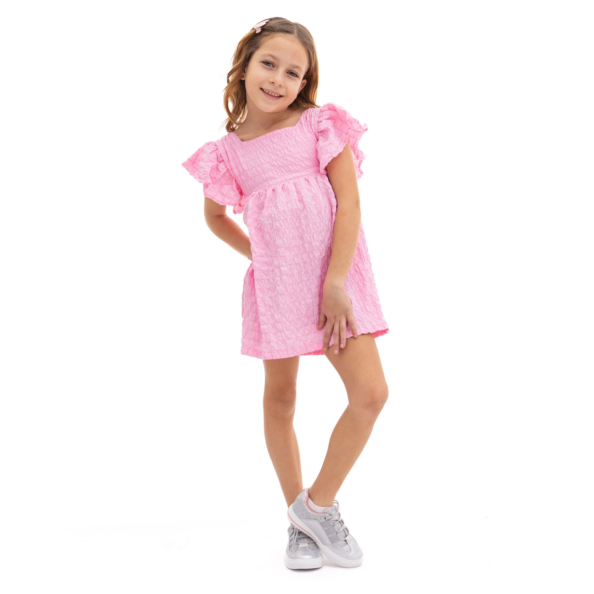 Girls' Pink Sleeveless Dress with Shoulder Decorations