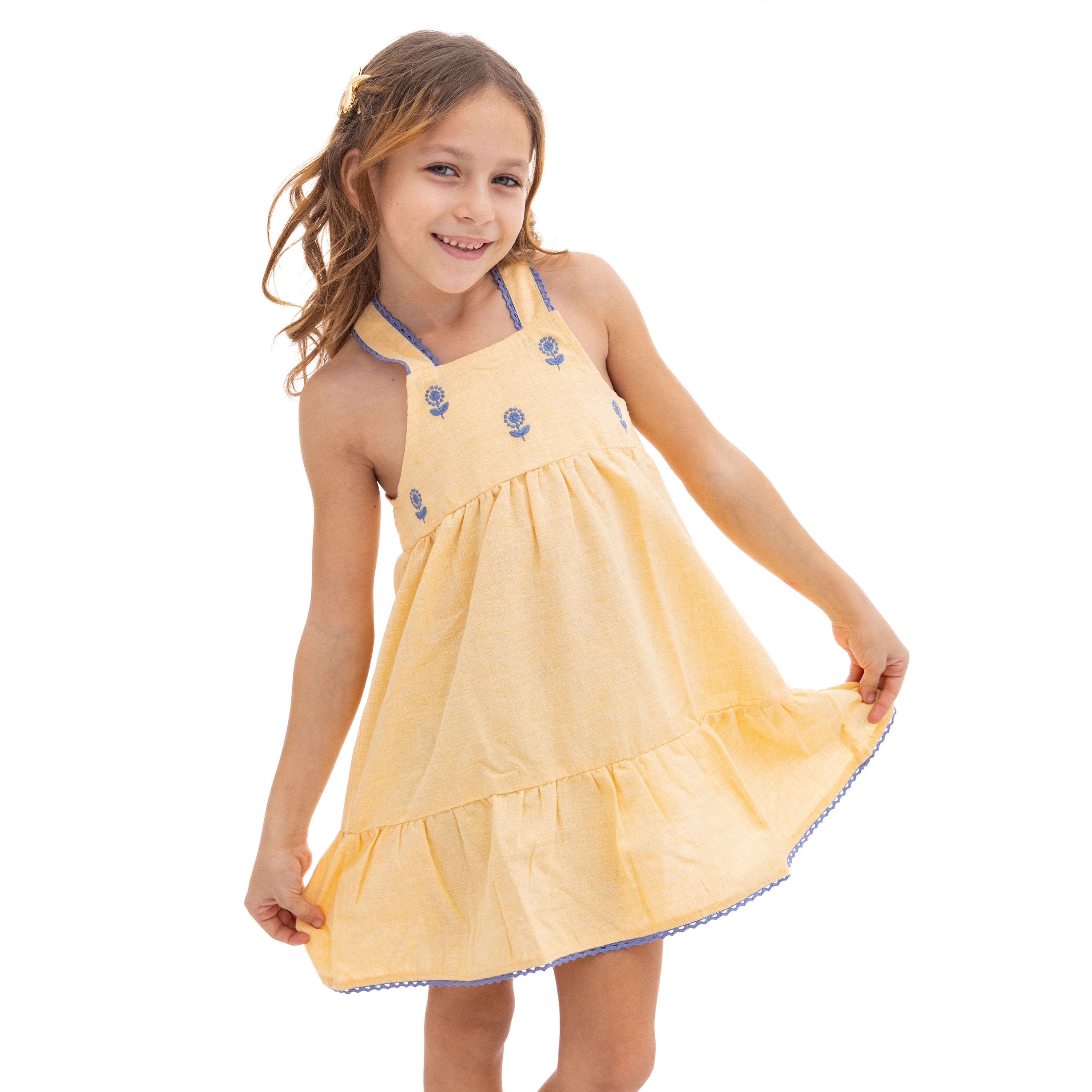 Girls' Yellow Sleeveless Dress with Blue Decorations