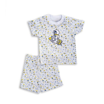 white pajama set with all over print