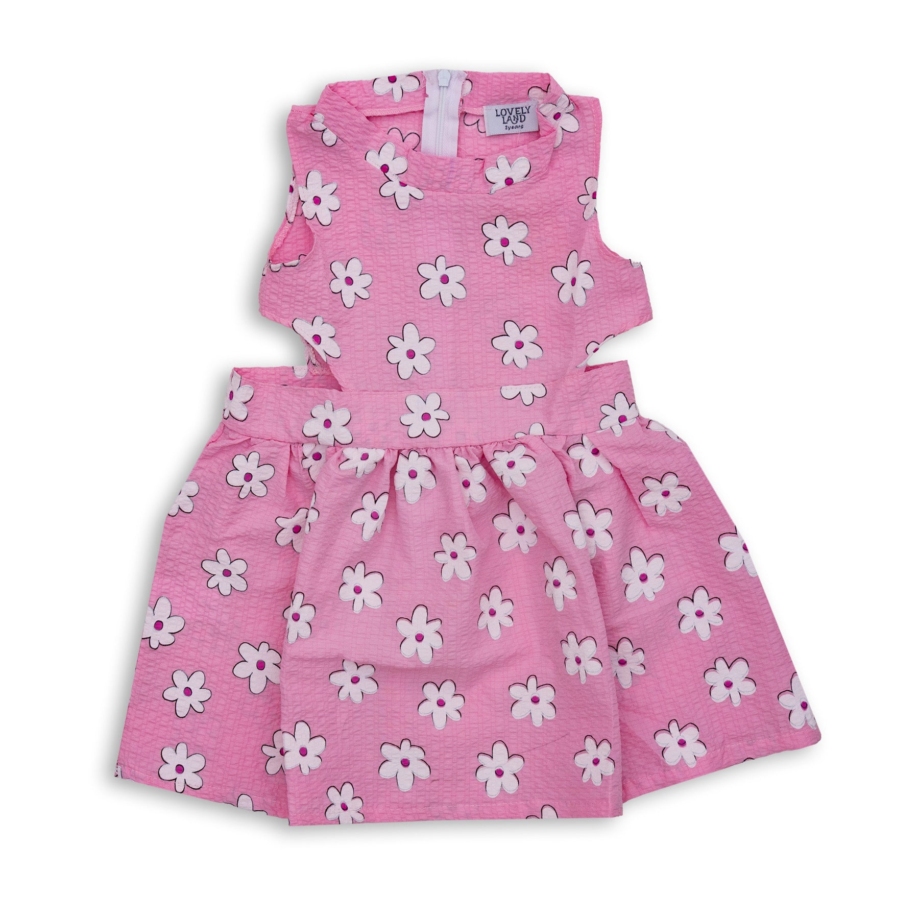 Girls' Pink Sleeveless Dress with All Over Print