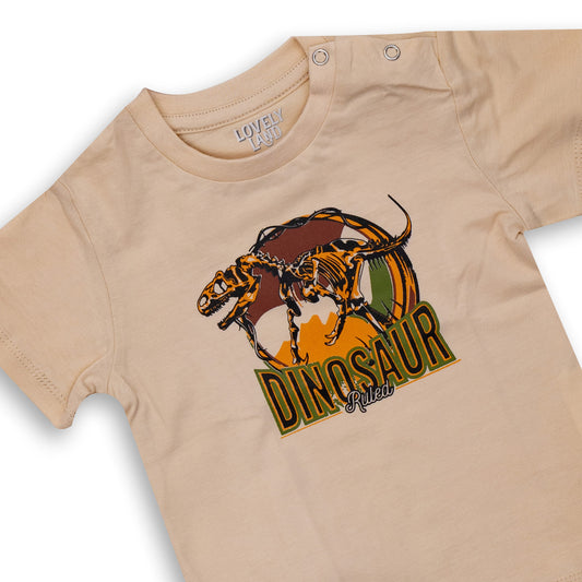 Beige Dinosaur Print T-Shirt with Orange Shorts Set