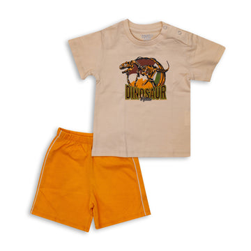 Beige Dinosaur Print T-Shirt with Orange Shorts Set