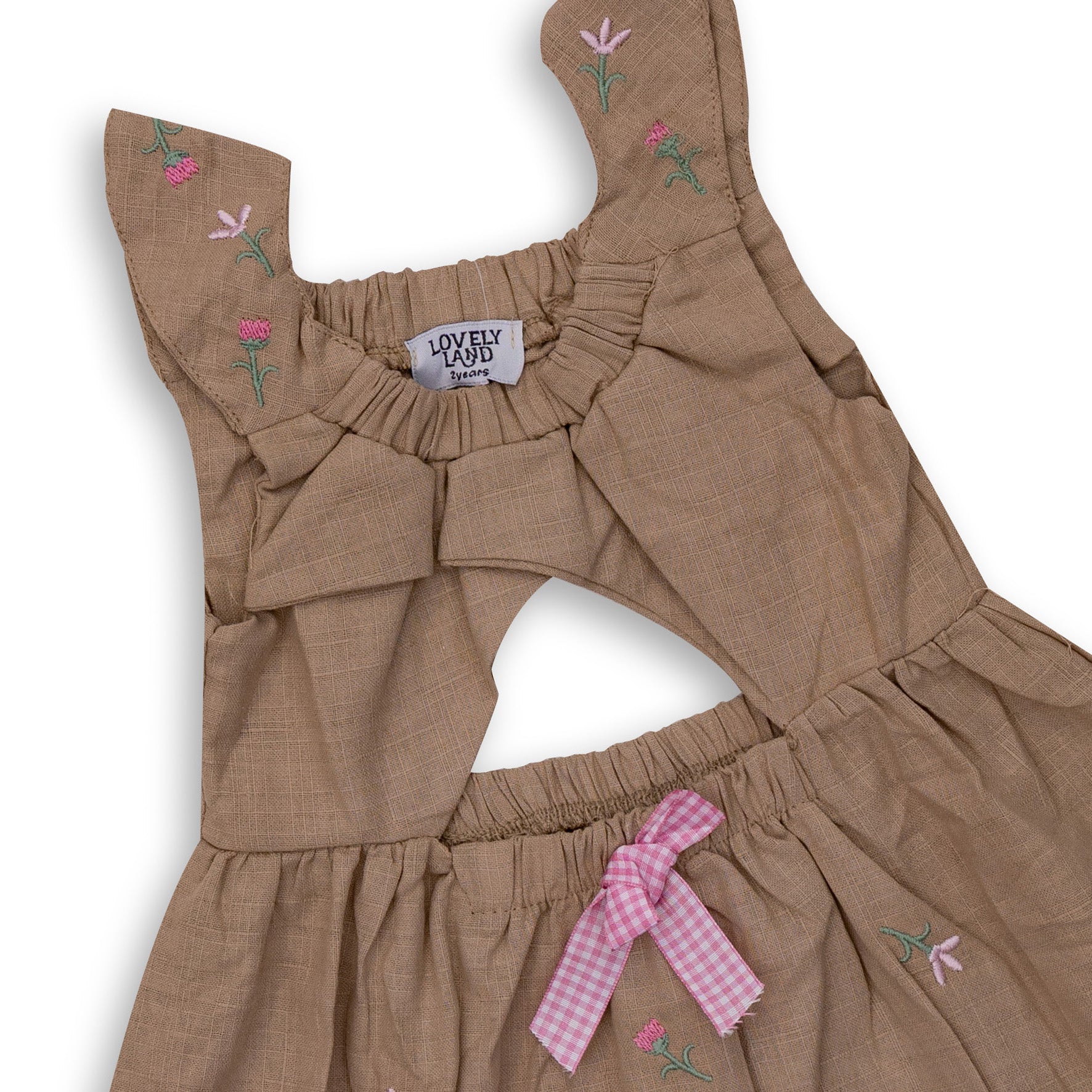 Girls' Beige Sleeveless Dress with Pink Bowtie
