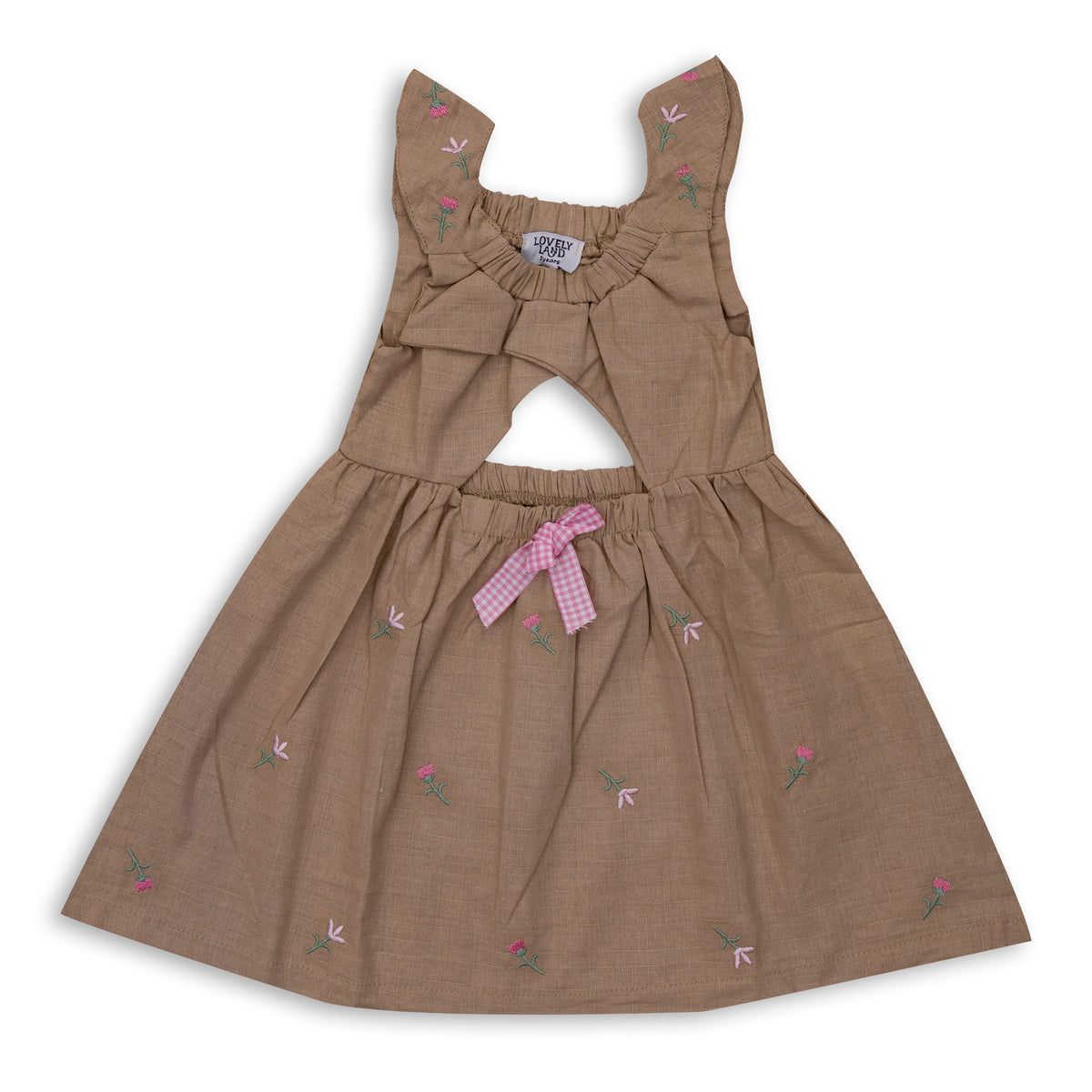 Girls' Beige Sleeveless Dress with Pink Bowtie