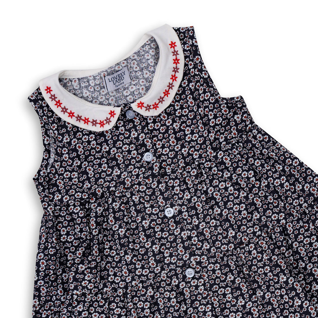 Baby Girls' Black Floral Sleeveless Dress with Decorations on Collar